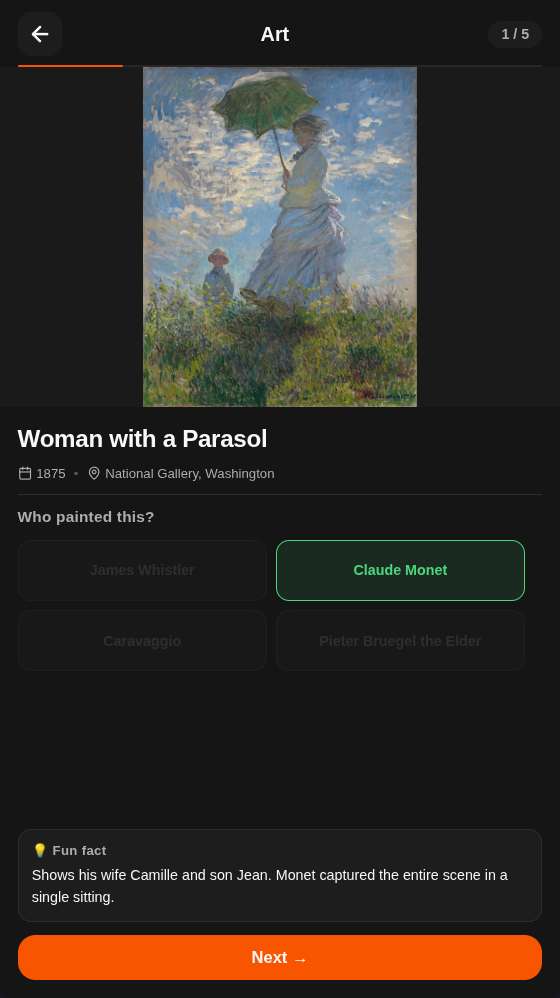 Cogni Art game — guess who painted Woman with a Parasol by Claude Monet