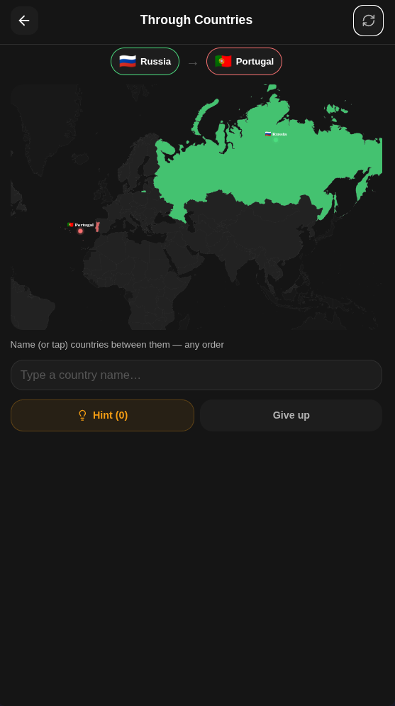 Cogni Through Countries — connect Russia to Portugal on an interactive world map