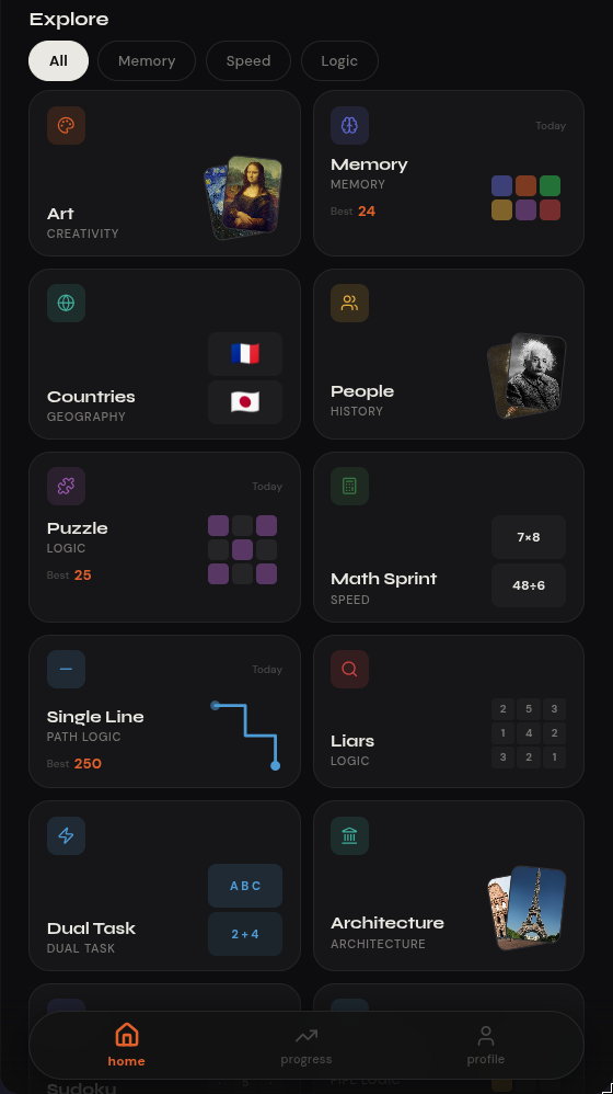 Cogni Explore — game grid with Art Mona Lisa, Memory, Countries, People Einstein, Math Sprint, Dual Task, Architecture